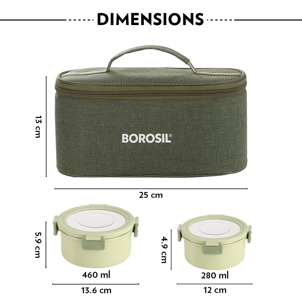Borosil Glory Green Stainless Steel Lunchbox with Bag | 4 pcs Set (460 ml x 2 + 280 ml x 2)