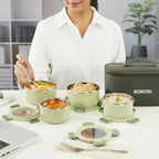 Borosil Glory Green Stainless Steel Lunchbox with Bag | 4 pcs Set (460 ml x 2 + 280 ml x 2)