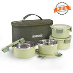 Borosil Glory Green Stainless Steel Lunchbox with Bag | 4 pcs Set (460 ml x 2 + 280 ml x 2)