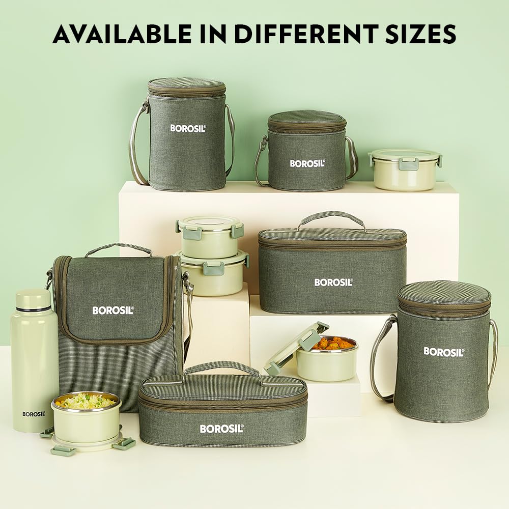 Borosil Glory Green Stainless Steel Lunchbox with Bag | 4 pcs Set (460 ml x 2 + 280 ml x 2)