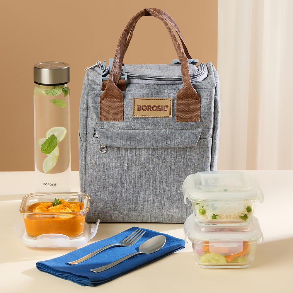 Borosil Gourmet Plus 7pc Borosilicate Glass Lunchbox | 3pc Set (320ml) + 1 (550ml) Glass Bottle + Fork & Spoon Set with Mat