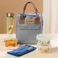 Borosil Gourmet Plus 7pc Borosilicate Glass Lunchbox | 3pc Set (320ml) + 1 (550ml) Glass Bottle + Fork & Spoon Set with Mat