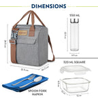 Borosil Gourmet Plus 7pc Borosilicate Glass Lunchbox | 3pc Set (320ml) + 1 (550ml) Glass Bottle + Fork & Spoon Set with Mat