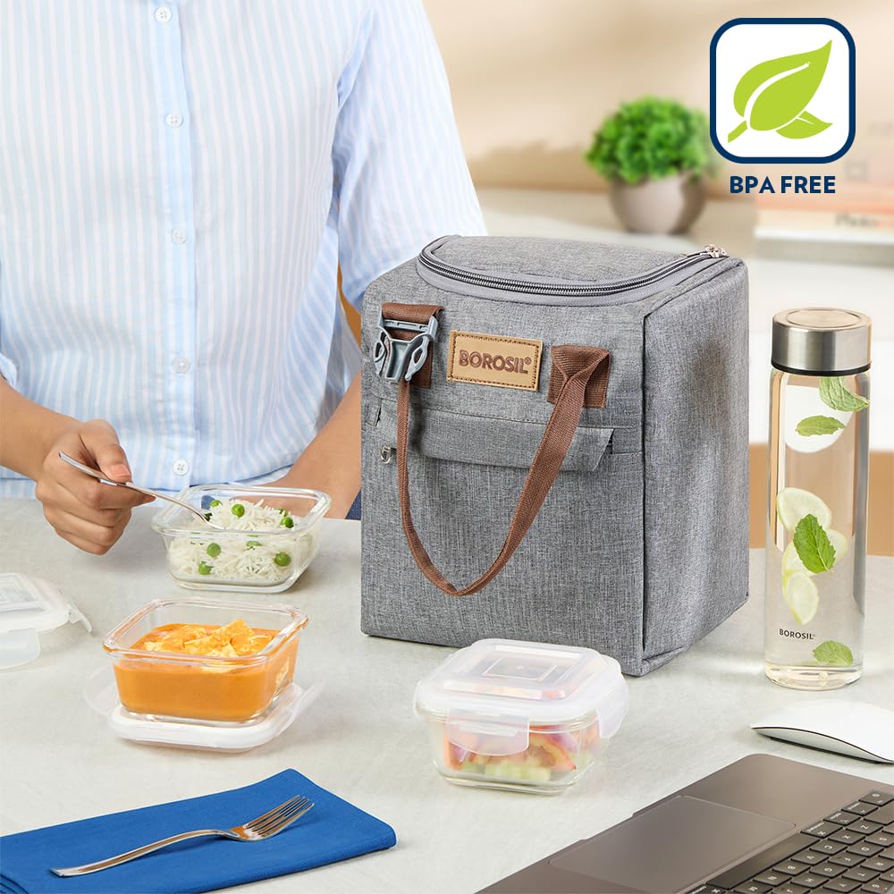 Borosil Gourmet Plus 7pc Borosilicate Glass Lunchbox | 3pc Set (320ml) + 1 (550ml) Glass Bottle + Fork & Spoon Set with Mat