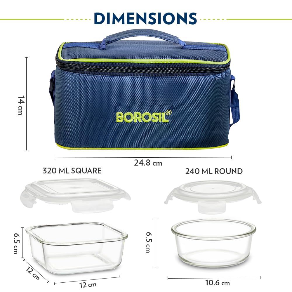 Borosil Klip n Store Universal Lunchbox | 320ml x 2 Square + 240ml x 2 Round Container Set