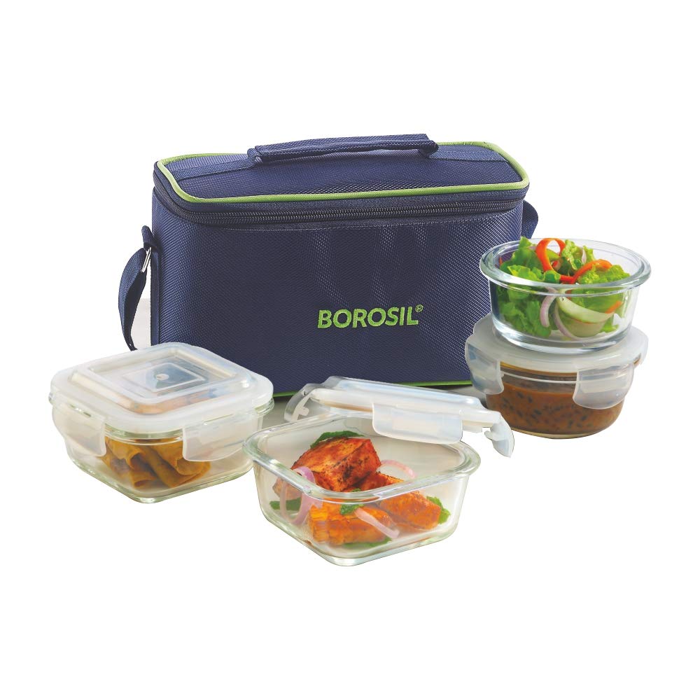 Borosil Klip n Store Universal Lunchbox | 320ml x 2 Square + 240ml x 2 Round Container Set