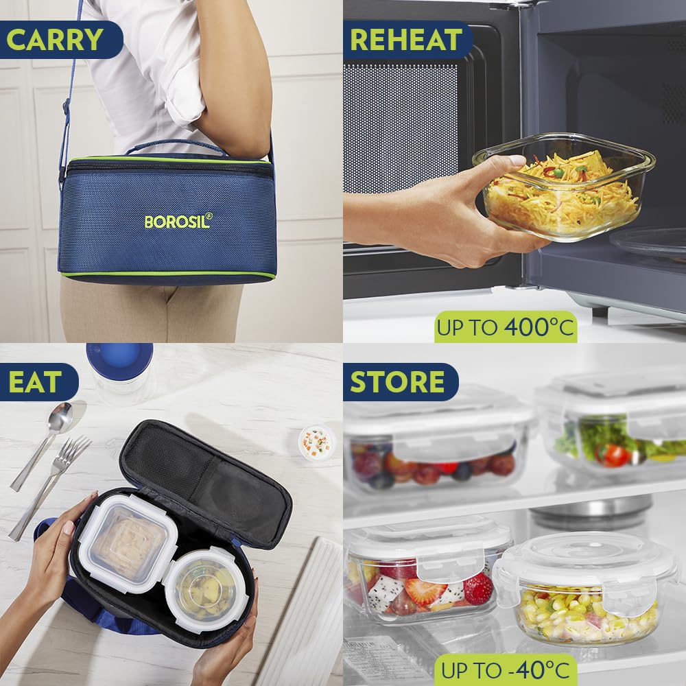 Borosil Klip n Store Universal Lunchbox | 320ml x 2 Square + 240ml x 2 Round Container Set