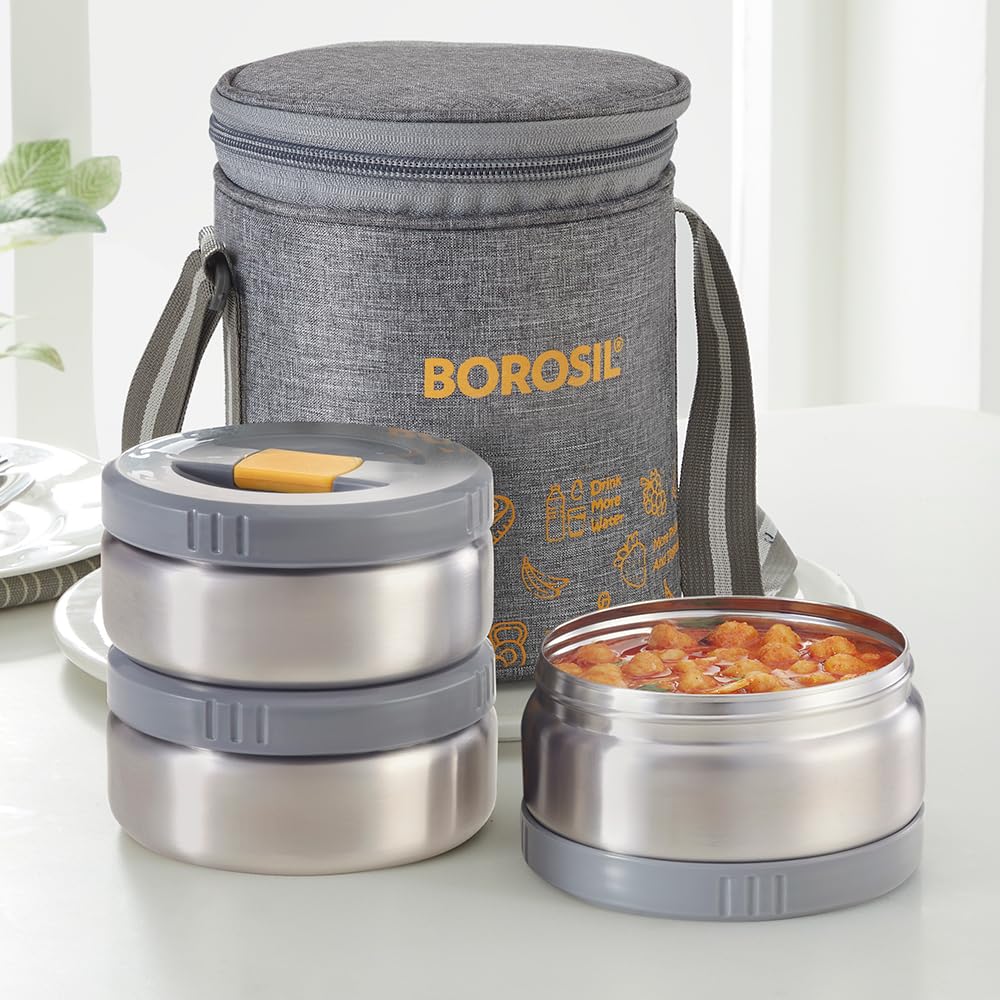 Borosil MealMate Stainless Steel Lunchbox with Bag | 3 pcs Round Container Set (370 ml Each)