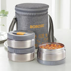Borosil MealMate Stainless Steel Lunchbox with Bag | 3 pcs Round Container Set (370 ml Each)