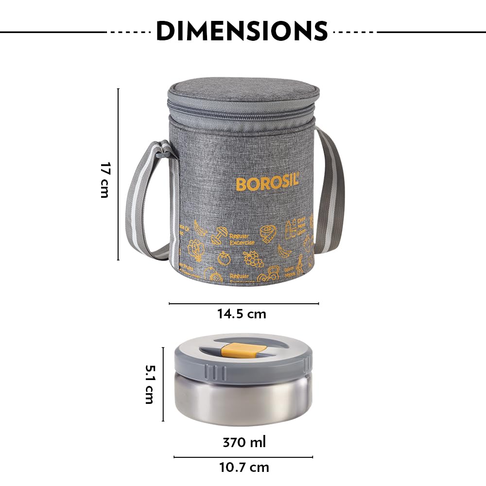 Borosil MealMate Stainless Steel Lunchbox with Bag | 3 pcs Round Container Set (370 ml Each)