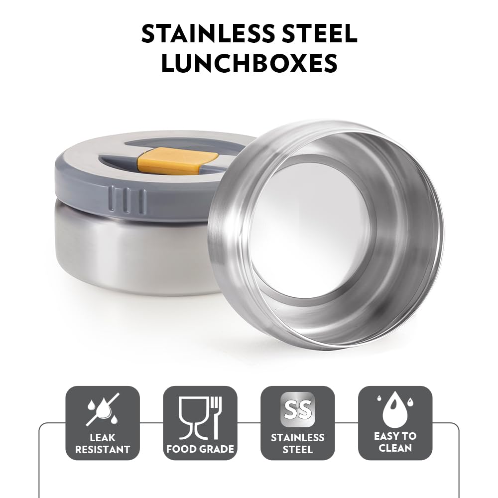 Borosil MealMate Stainless Steel Lunchbox with Bag | 3 pcs Round Container Set (370 ml Each)