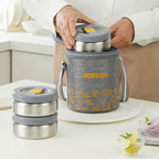 Borosil MealMate Stainless Steel Lunchbox with Bag | 3 pcs Round Container Set (370 ml Each)