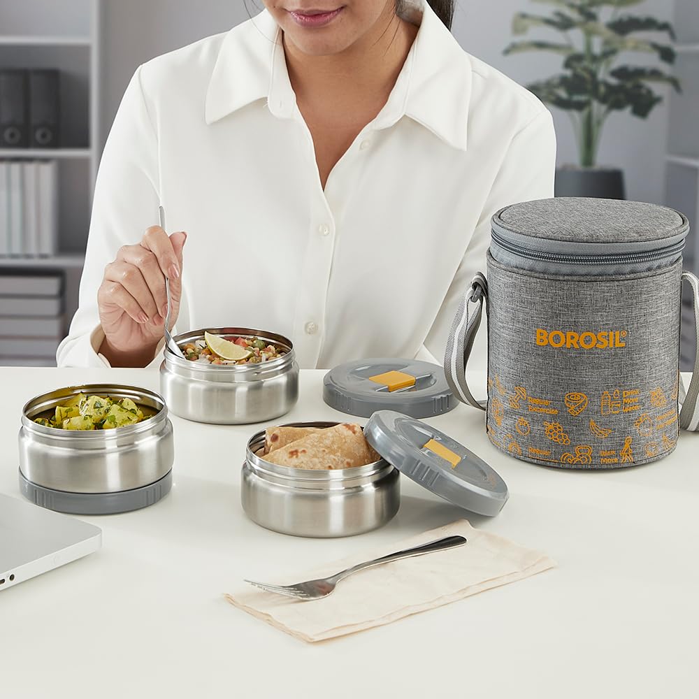 Borosil MealMate Stainless Steel Lunchbox with Bag | 3 pcs Round Container Set (370 ml Each)