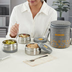 Borosil MealMate Stainless Steel Lunchbox with Bag | 3 pcs Round Container Set (370 ml Each)