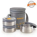 Borosil MealMate Stainless Steel Lunchbox with Bag | 3 pcs Round Container Set (370 ml Each)