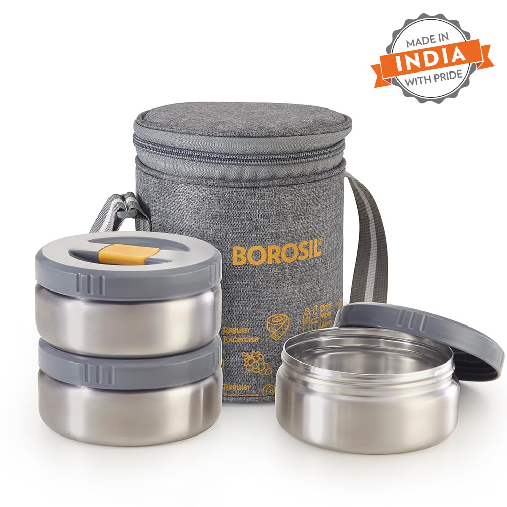 Borosil MealMate Stainless Steel Lunchbox with Bag | 3 pcs Round Container Set (370 ml Each)