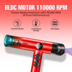 VGR V-401 Professional Salon Series Hair Dryer | 110000 RPM BLDC Motor with 40 Speed & Temp Settings, Cool Shot, Magnetic Nozzles, LED Display (Red,1900W)