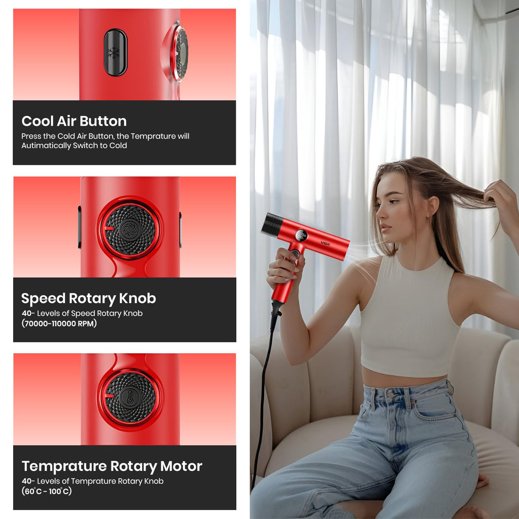 VGR V-401 Professional Salon Series Hair Dryer | 110000 RPM BLDC Motor with 40 Speed & Temp Settings, Cool Shot, Magnetic Nozzles, LED Display (Red,1900W)