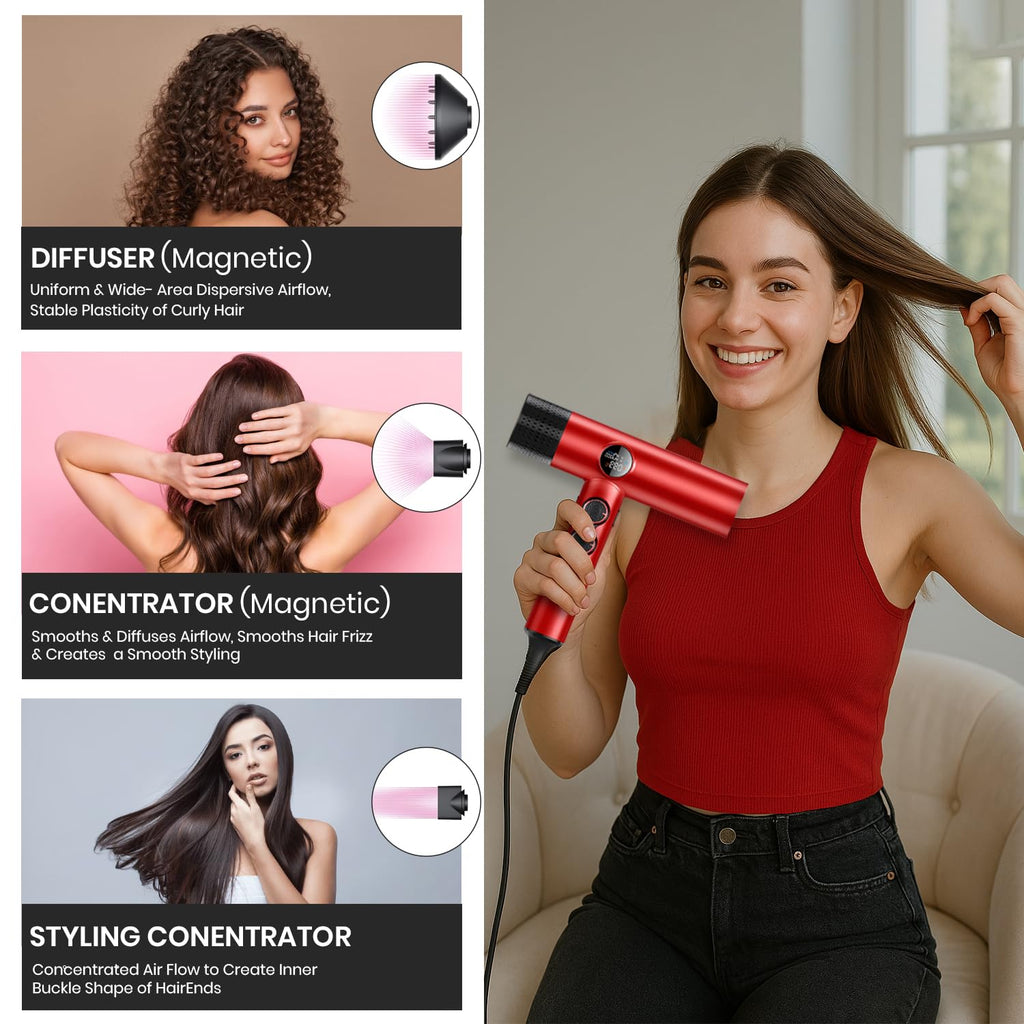 VGR V-401 Professional Salon Series Hair Dryer | 110000 RPM BLDC Motor with 40 Speed & Temp Settings, Cool Shot, Magnetic Nozzles, LED Display (Red,1900W)