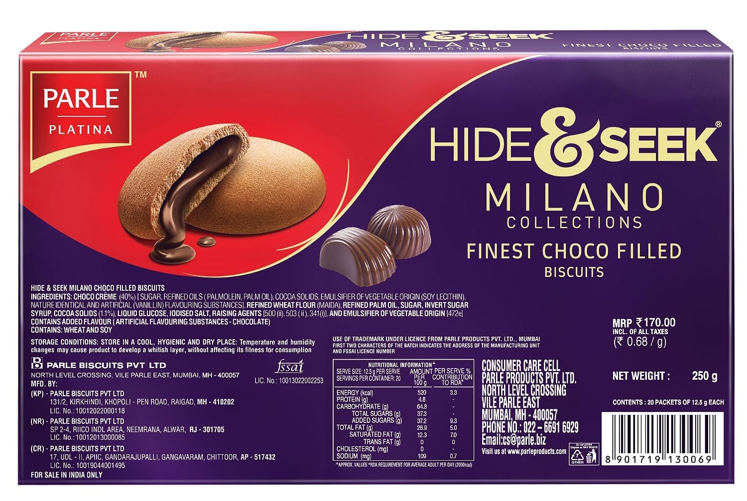 Parle Platina Parle Hide & Seek Milano Center Filled Regular Chocolate 250 G/200 G