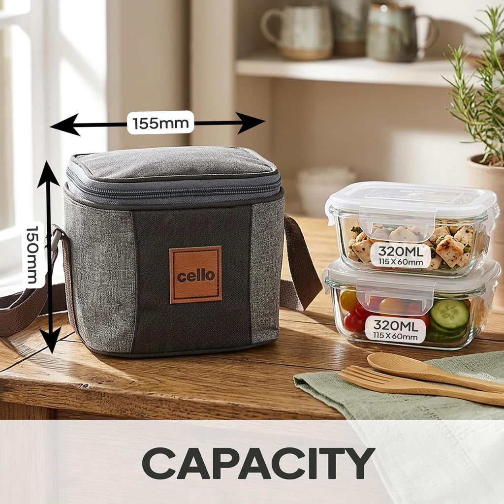 CELLO Glassy Square Lunch Box Set of 2 Pcs (320ml x 2) with Jacket For Office, Transparent