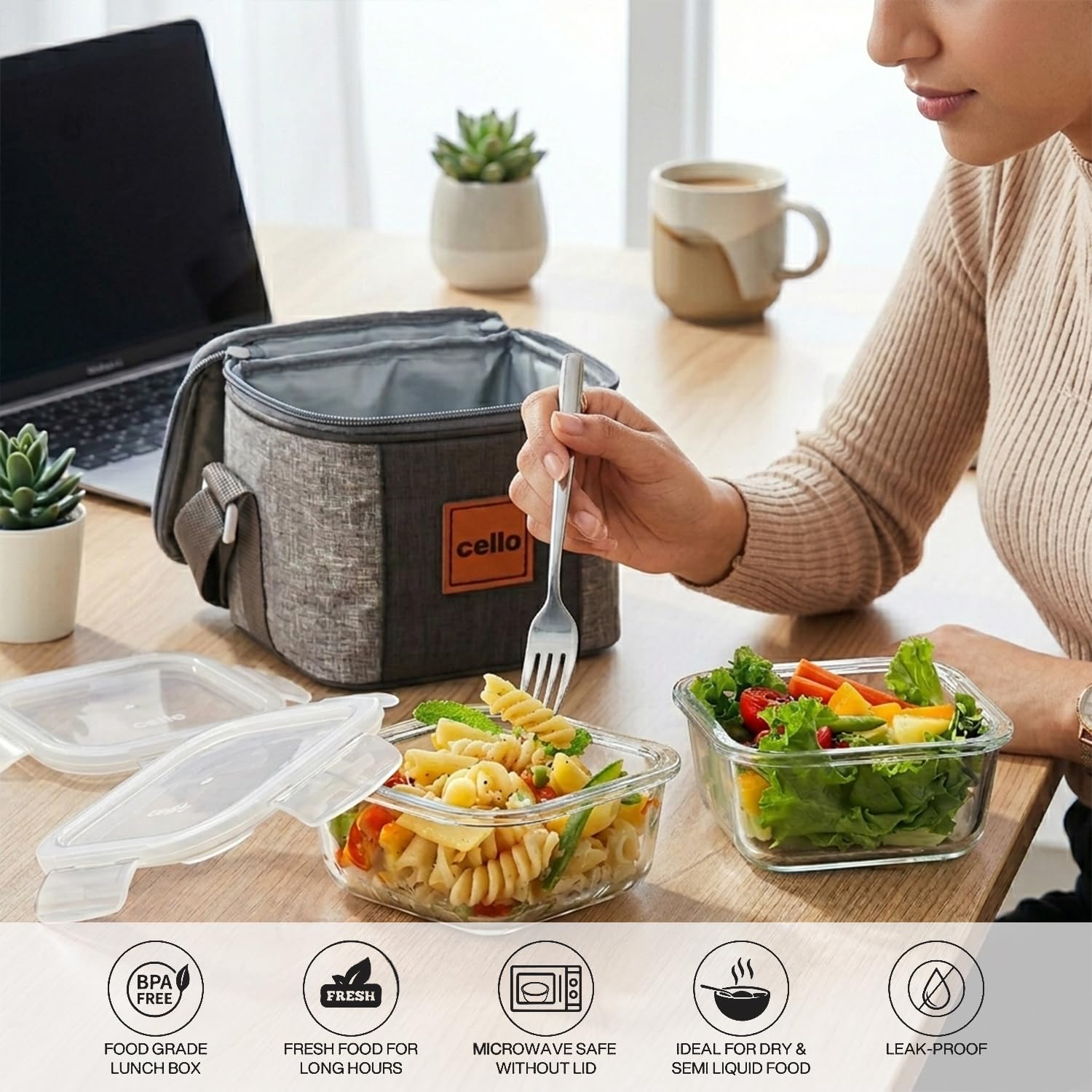 CELLO Glassy Square Lunch Box Set of 2 Pcs (320ml x 2) with Jacket For Office, Transparent