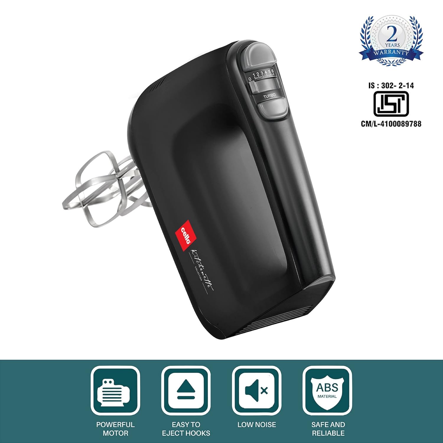 CELLO Supreme Hand Beater Mixer 400 Watts Black |Turbo Function, 6 Speed Setting 2 Year Warranty