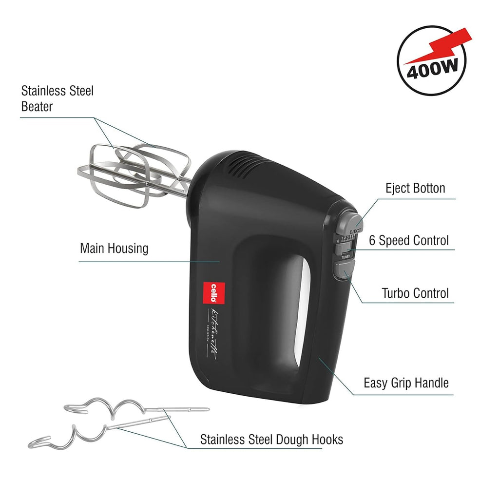 CELLO Supreme Hand Beater Mixer 400 Watts Black |Turbo Function, 6 Speed Setting 2 Year Warranty