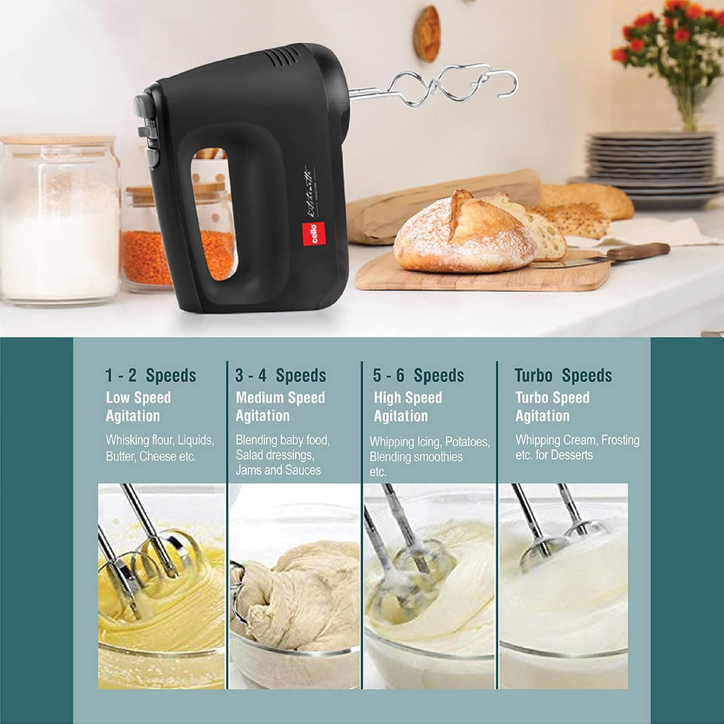 CELLO Supreme Hand Beater Mixer 400 Watts Black |Turbo Function, 6 Speed Setting 2 Year Warranty
