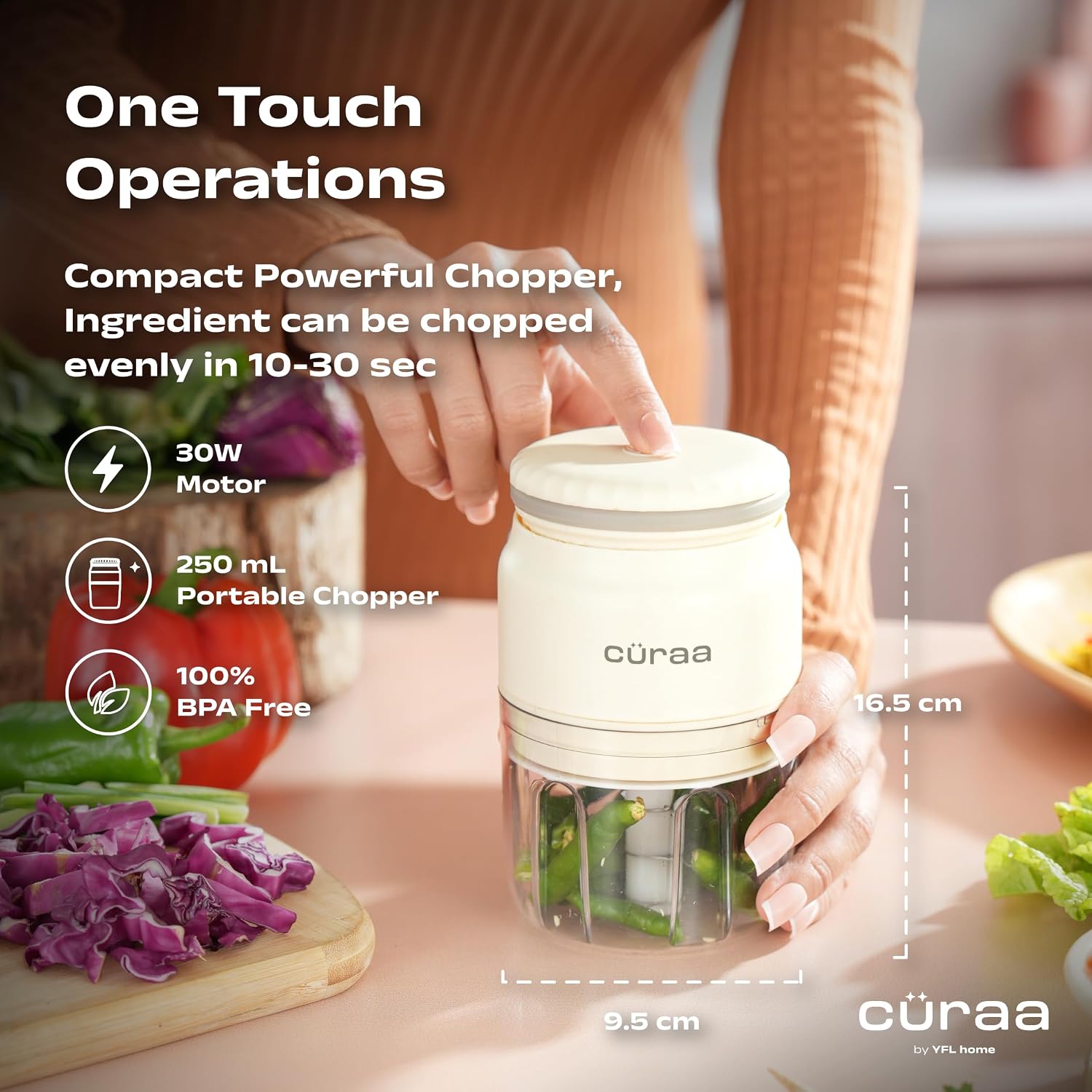 CÜRAA ChopLab Neo USB Vegetable Chopper for Kitchen Use 250ml (Beige)