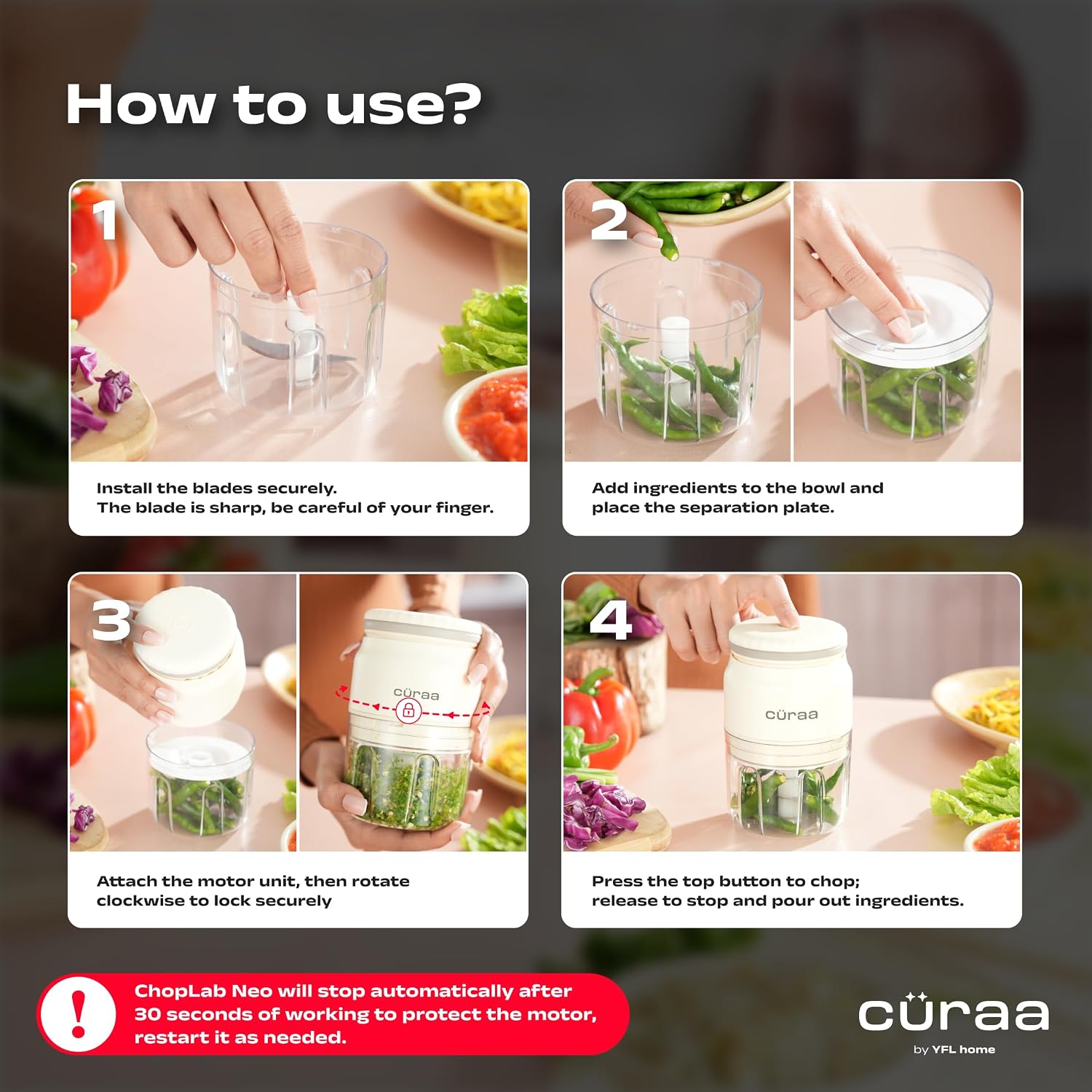 CÜRAA ChopLab Neo USB Vegetable Chopper for Kitchen Use 250ml (Beige)