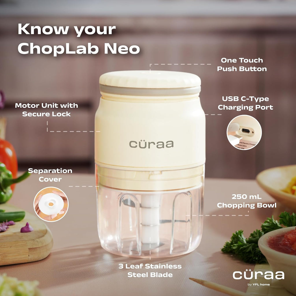 CÜRAA ChopLab Neo USB Vegetable Chopper for Kitchen Use 250ml (Beige)