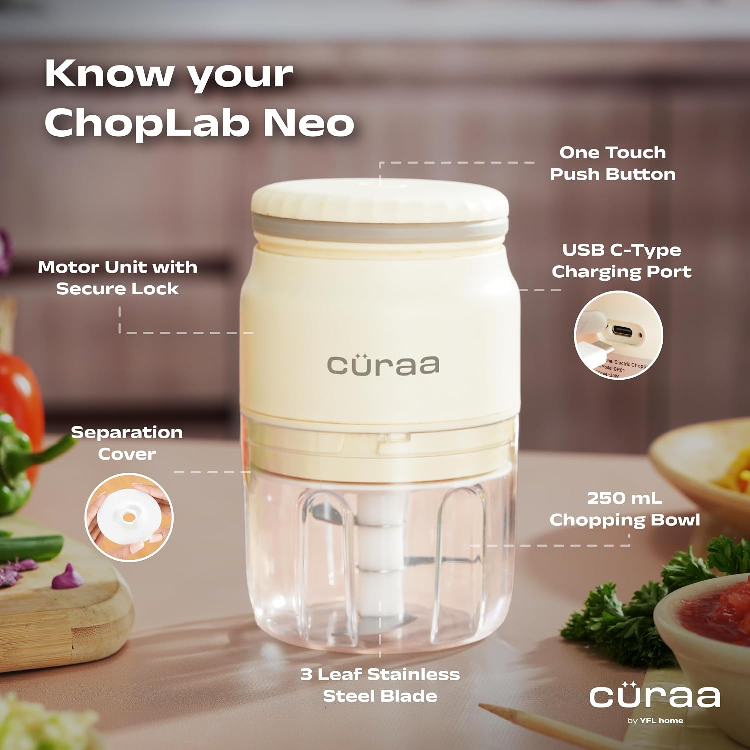 CÜRAA ChopLab Neo USB Vegetable Chopper for Kitchen Use 250ml (Beige)