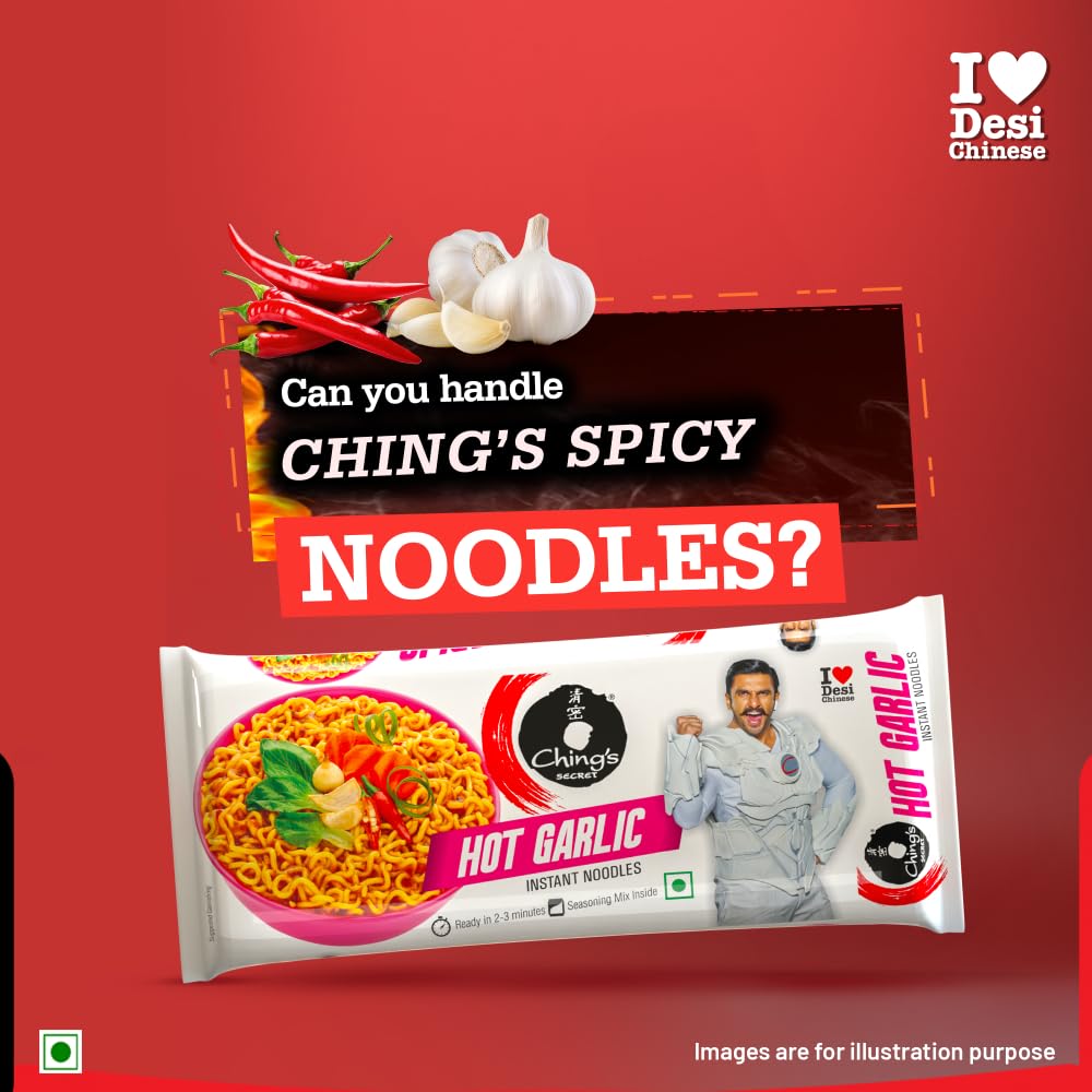 Ching’s Hot Garlic Flavour Instant Noodles, Desi Chinese Flavour, Vegetarian, 240g