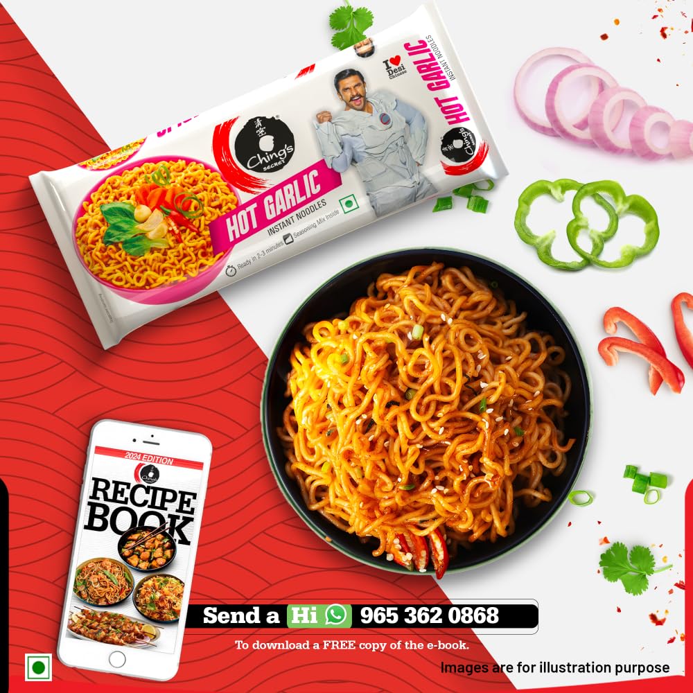 Ching’s Hot Garlic Flavour Instant Noodles, Desi Chinese Flavour, Vegetarian, 240g