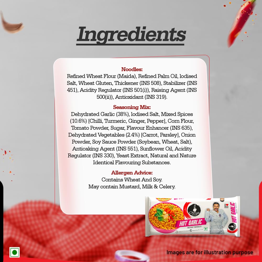 Ching’s Hot Garlic Flavour Instant Noodles, Desi Chinese Flavour, Vegetarian, 240g