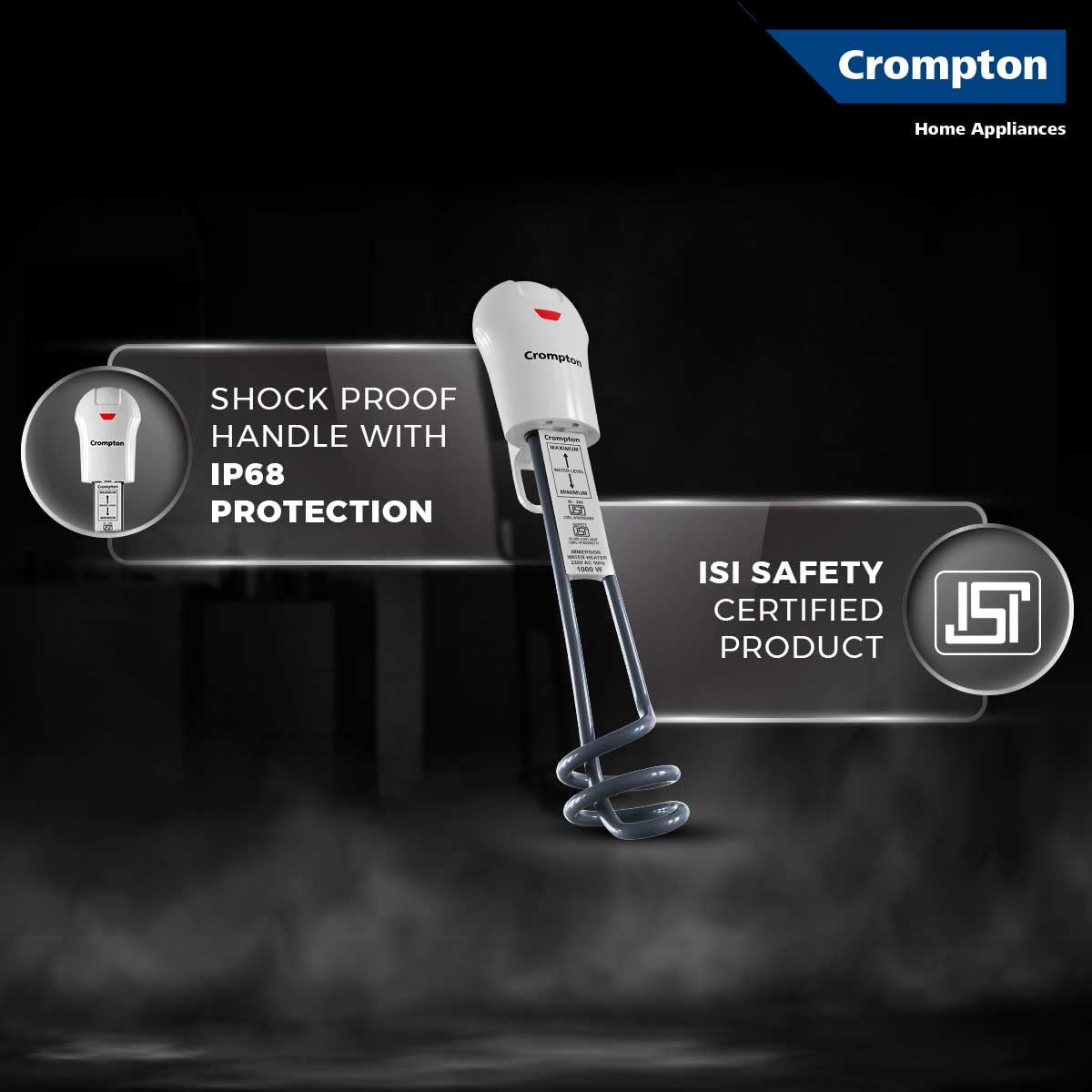 Crompton 1000W Superfast heating Immersion Rod| Anti-Scale technology| 100% Shock Proof| IP 68 Protection| 3 Yrs Warranty| Energy Saving| Powerful Heating Element| Bucket Hook
