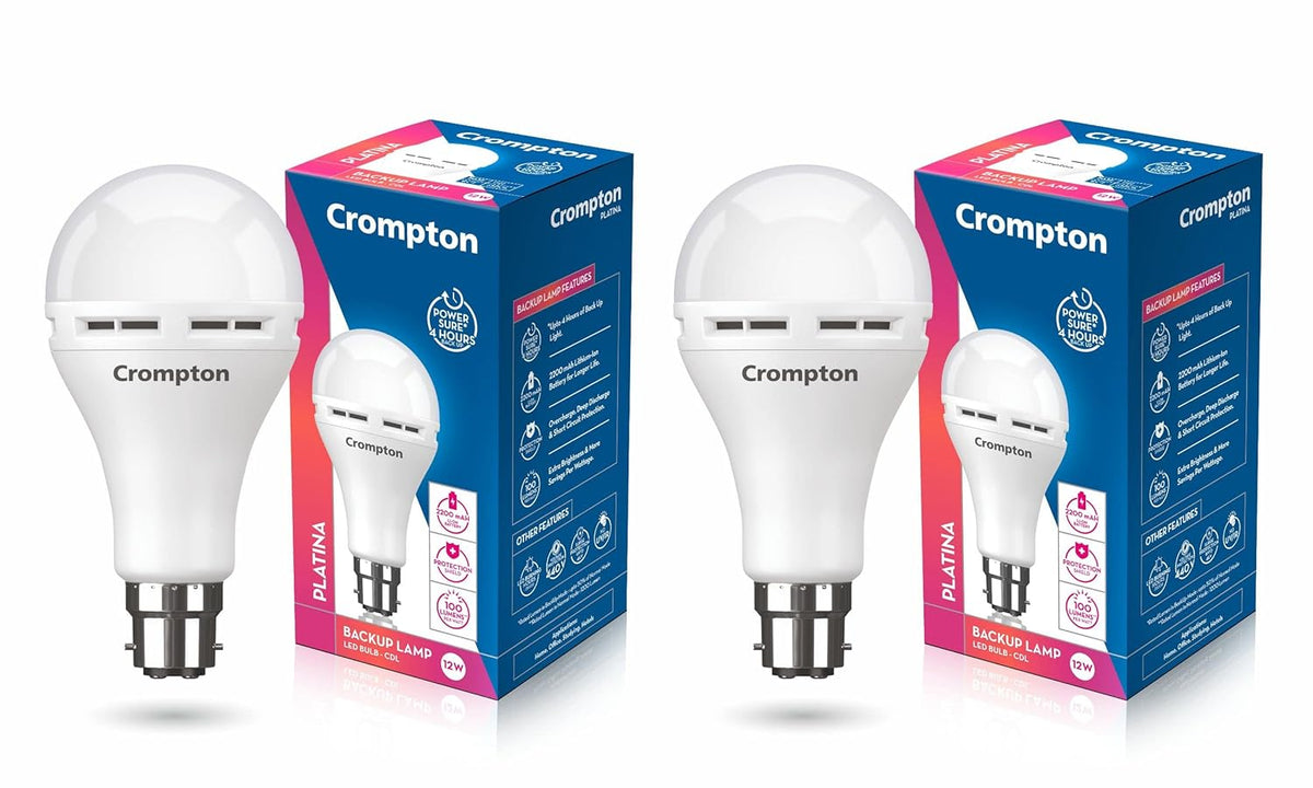 Crompton 12W Emergency LED Bulb Cool Day Light | Pack of 2 | Backup Lamp, Inverter Bulb for home | Rechargeable, 4 Hour Battery Back Up | B22 Base, Durable Design with Surge Protection