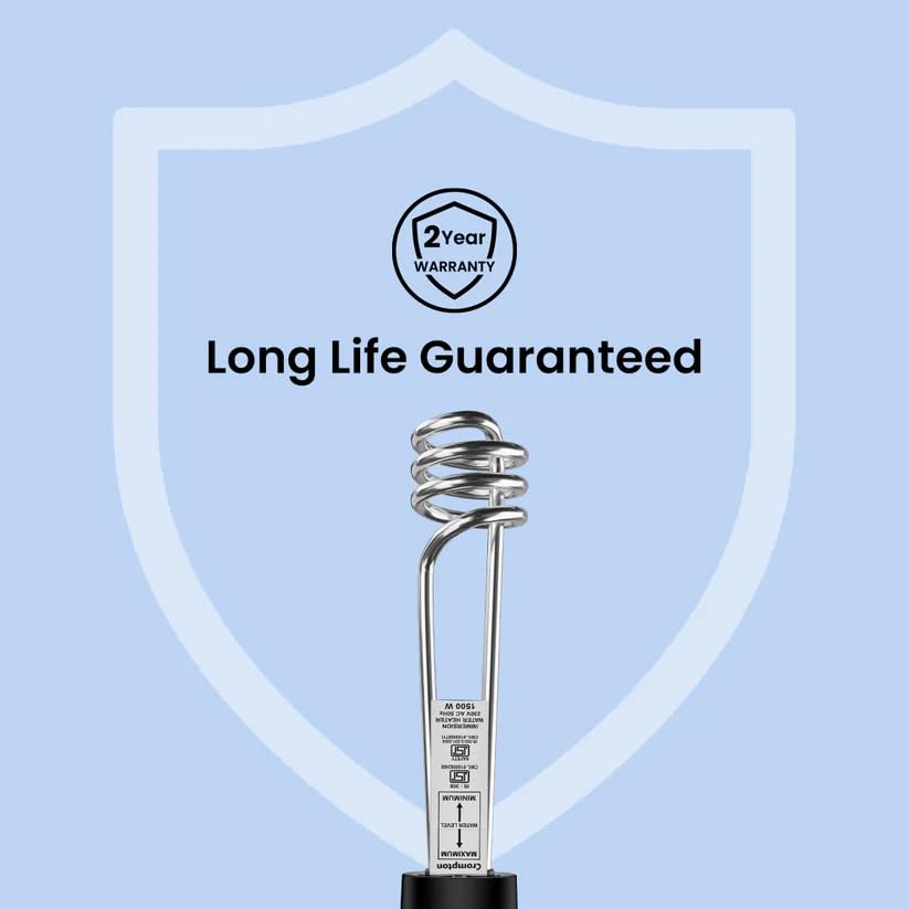 Crompton 1500W Superfast heating Immersion Rod| 100% Shock Proof| IP 68 Protection| Anti-corrosive coating| 2 Yrs Warranty| Energy Saving| Powerful Heating Element| Bucket Hook