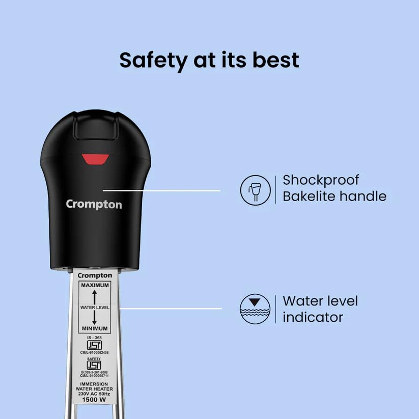 Crompton 1500W Superfast heating Immersion Rod| 100% Shock Proof| IP 68 Protection| Anti-corrosive coating| 2 Yrs Warranty| Energy Saving| Powerful Heating Element| Bucket Hook