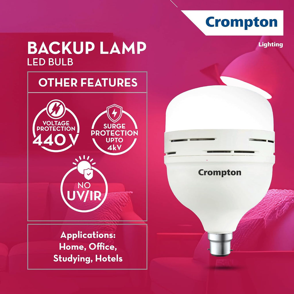 Crompton 30 Watt Emergency LED Bulb | B22 Base | Upto 3 Hour Battery Back Up | Cool Day Light (Pack of 1) | 3-Step Dimming | Li-ion Battery