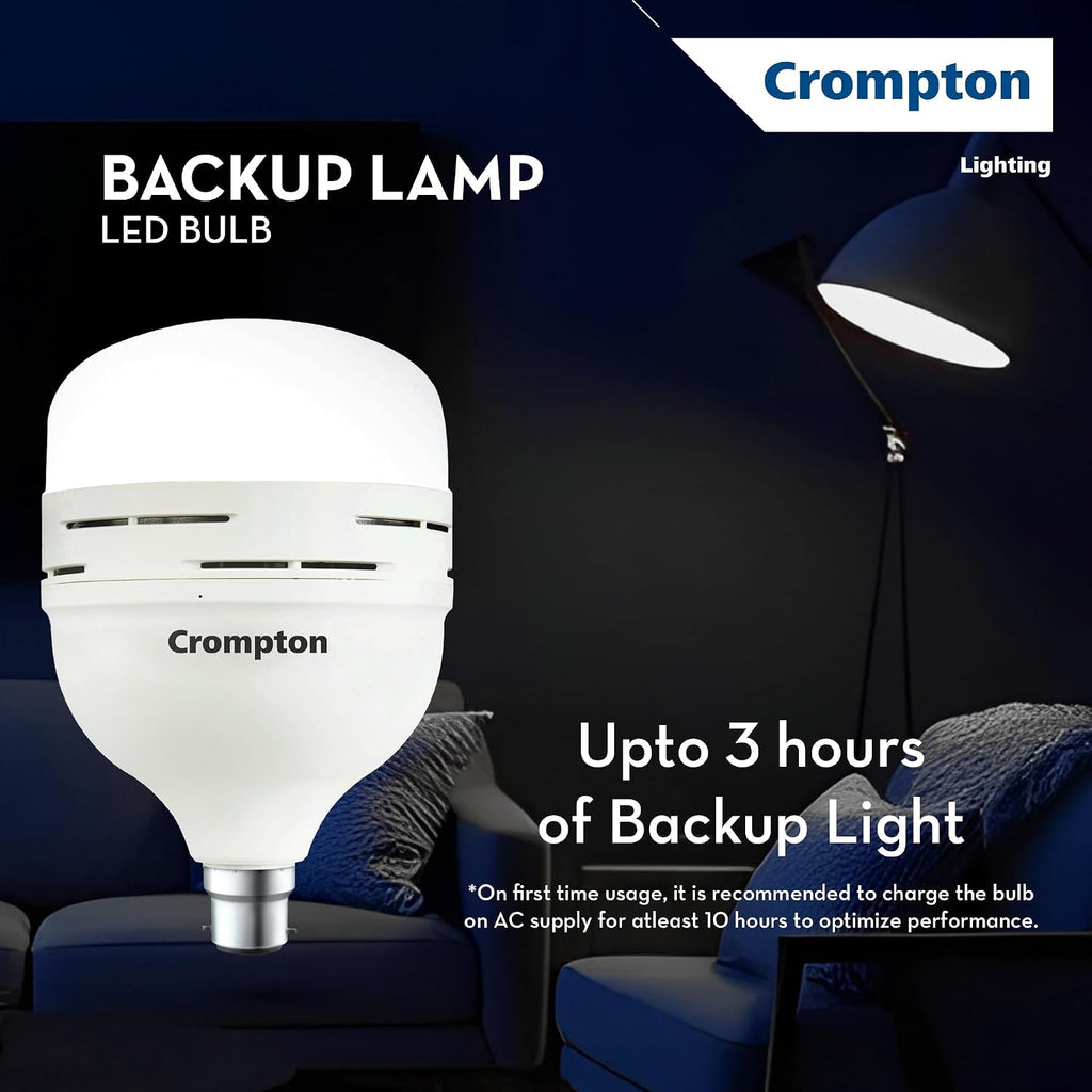 Crompton 30 Watt Emergency LED Bulb | B22 Base | Upto 3 Hour Battery Back Up | Cool Day Light (Pack of 1) | 3-Step Dimming | Li-ion Battery