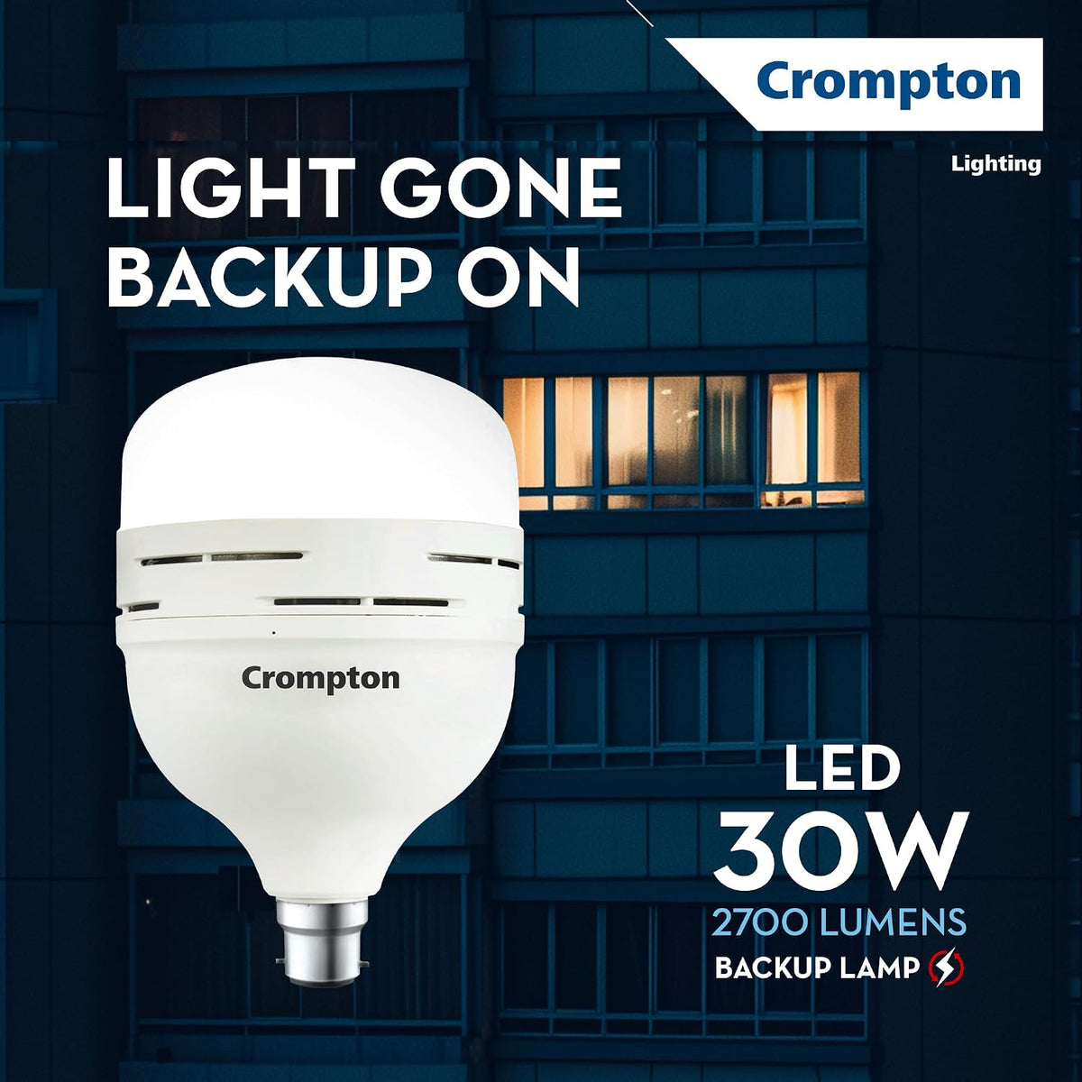 Crompton 30 Watt Emergency LED Bulb | B22 Base | Upto 3 Hour Battery Back Up | Cool Day Light (Pack of 1) | 3-Step Dimming | Li-ion Battery