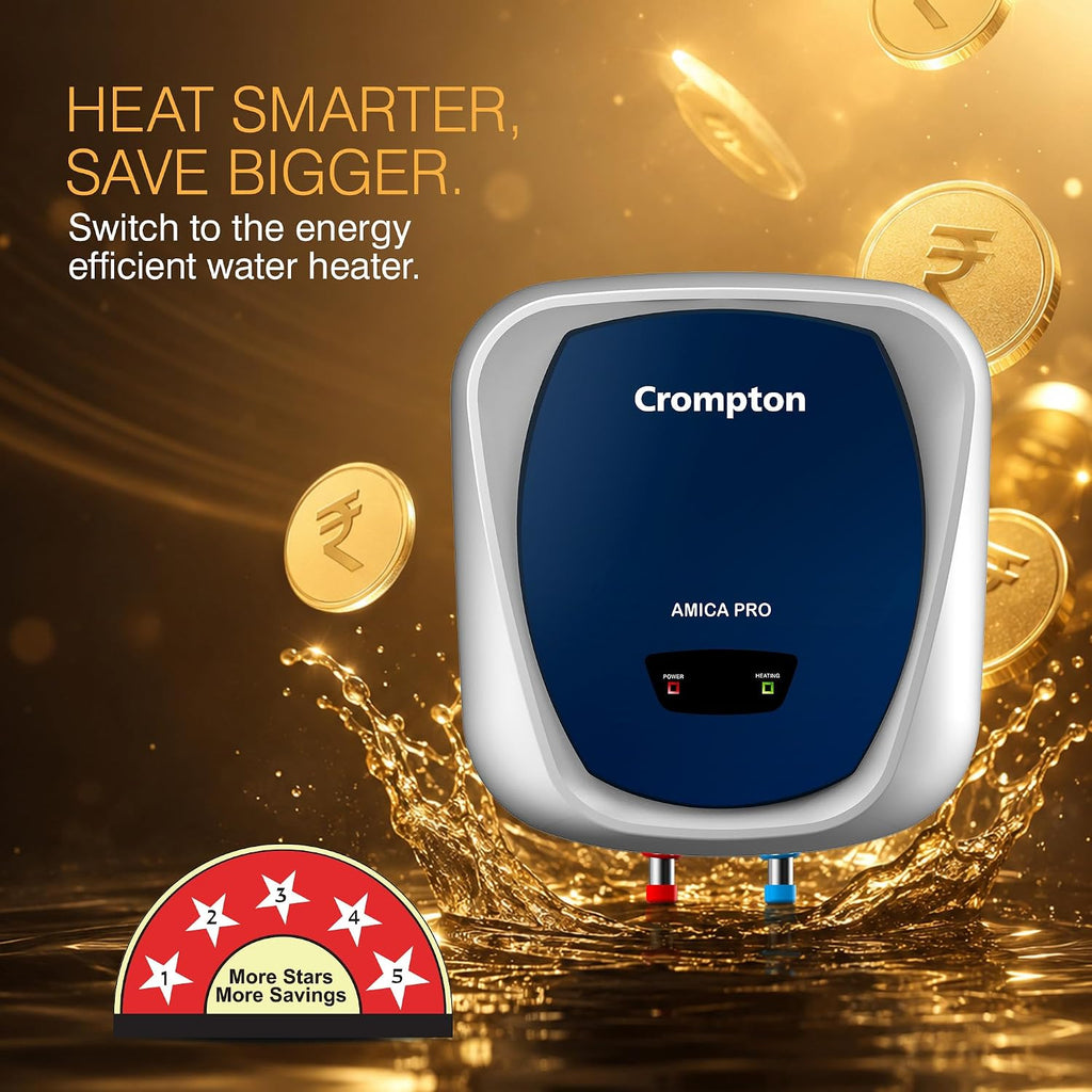 Crompton Amica Pro 25L | Free Installation | 5‑Star Storage Water Heater (Geyser) | Glassline Tank for Hard Water | 8 Bar High‑Rise Pressure | 5‑Level Safety | Rust‑Proof Body | 2kW Fast Heating