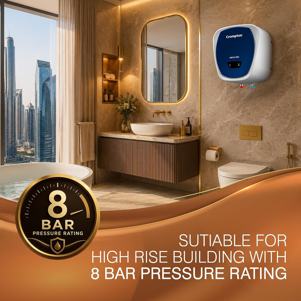 Crompton Amica Pro 25L | Free Installation | 5‑Star Storage Water Heater (Geyser) | Glassline Tank for Hard Water | 8 Bar High‑Rise Pressure | 5‑Level Safety | Rust‑Proof Body | 2kW Fast Heating