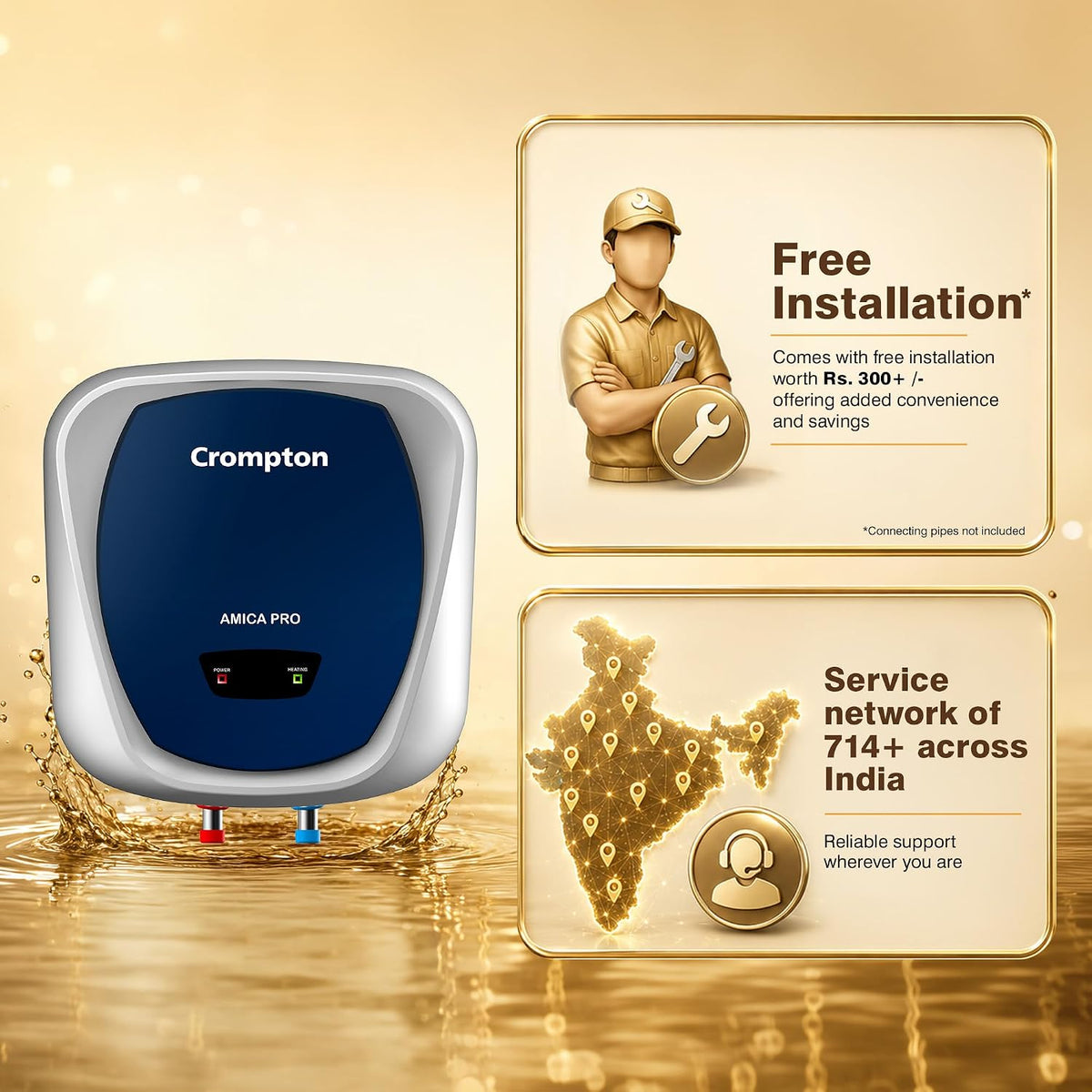 Crompton Amica Pro 25L | Free Installation | 5‑Star Storage Water Heater (Geyser) | Glassline Tank for Hard Water | 8 Bar High‑Rise Pressure | 5‑Level Safety | Rust‑Proof Body | 2kW Fast Heating