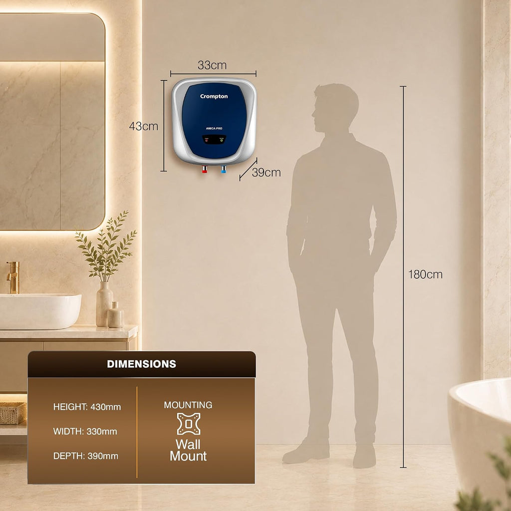 Crompton Amica Pro 10L | Free Installation | 5‑Star Storage Water Heater (Geyser) | Glassline Tank for Hard Water | 8 Bar High‑Rise Pressure | 5‑Level Safety | Rust‑Proof Body | 2kW Fast Heating