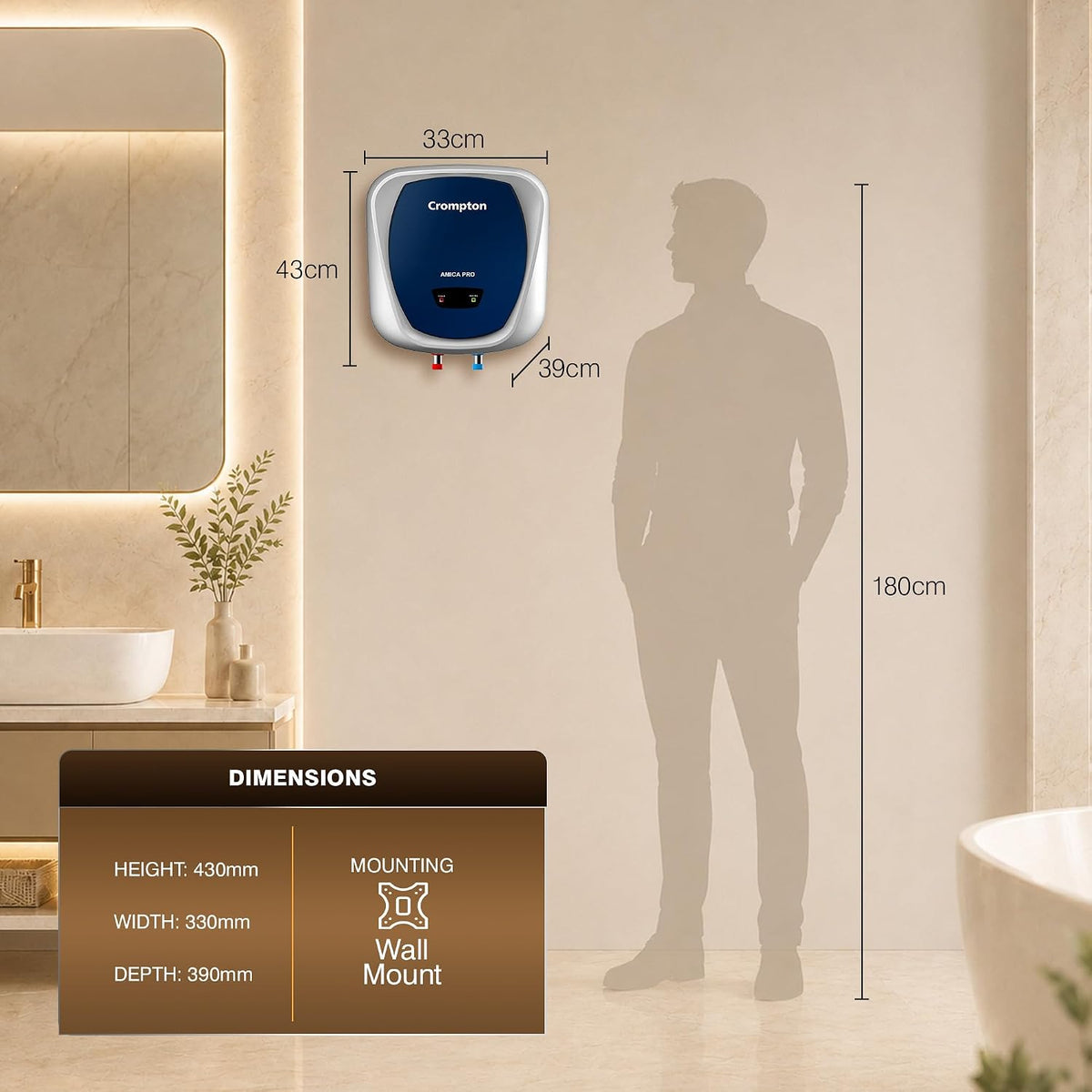 Crompton Amica Pro 10L | Free Installation | 5‑Star Storage Water Heater (Geyser) | Glassline Tank for Hard Water | 8 Bar High‑Rise Pressure | 5‑Level Safety | Rust‑Proof Body | 2kW Fast Heating