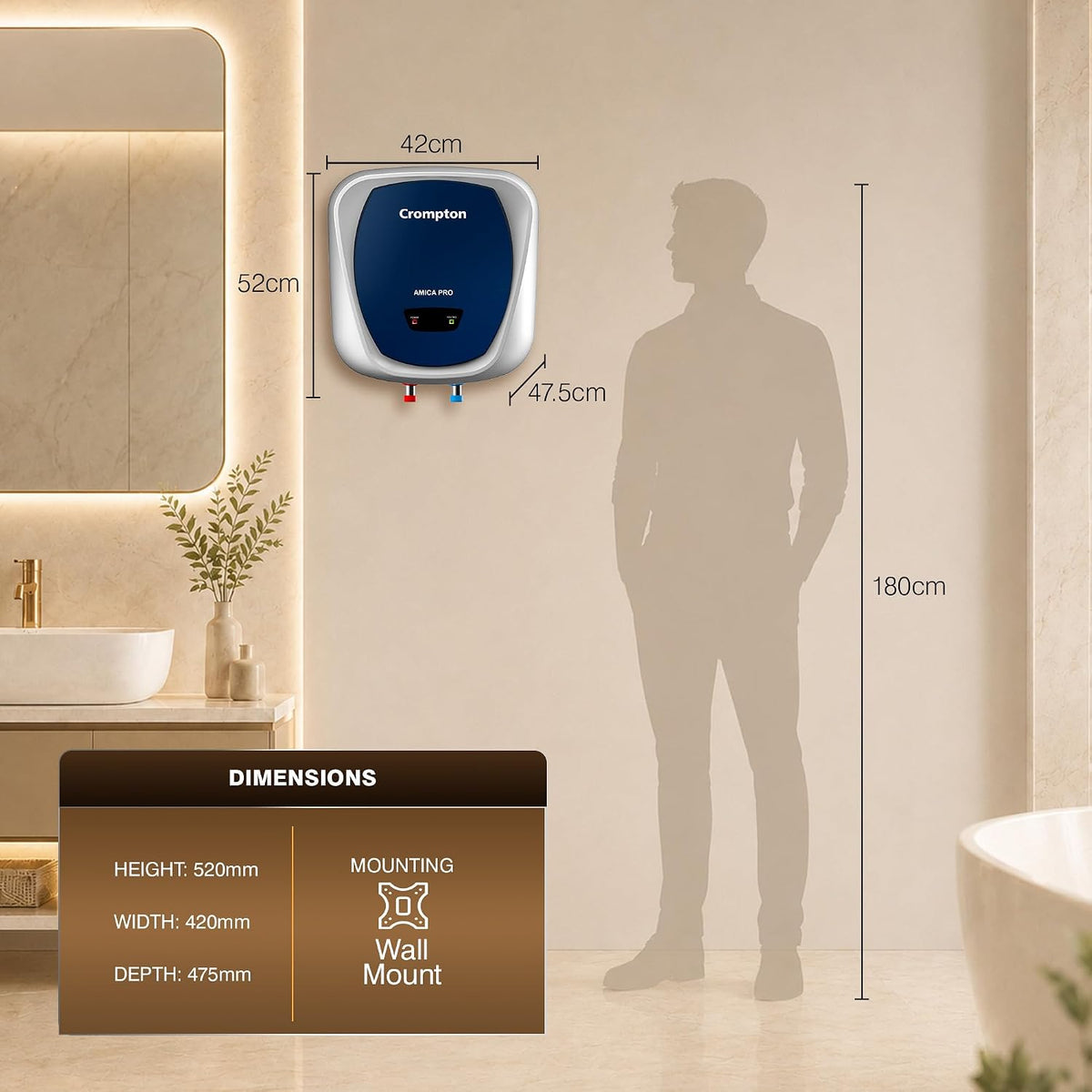 Crompton Amica Pro 25L | Free Installation | 5‑Star Storage Water Heater (Geyser) | Glassline Tank for Hard Water | 8 Bar High‑Rise Pressure | 5‑Level Safety | Rust‑Proof Body | 2kW Fast Heating