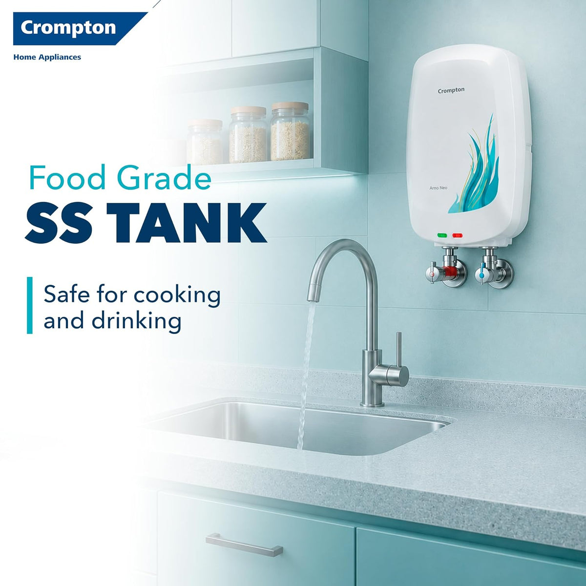 Crompton Arno Neo 3 Litre Instant Water Heater | 3 kW Heating Element | Food Grade SS Tank | 6 Bar Pressure Rated | Advanced 3-Level Safety | 5 Years Tank Warranty